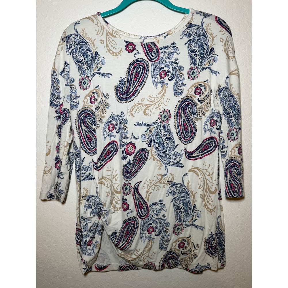 Coral Bay Petite Paisley Print Side Knot Top 3/4 Sleeve White Blue Pink PS